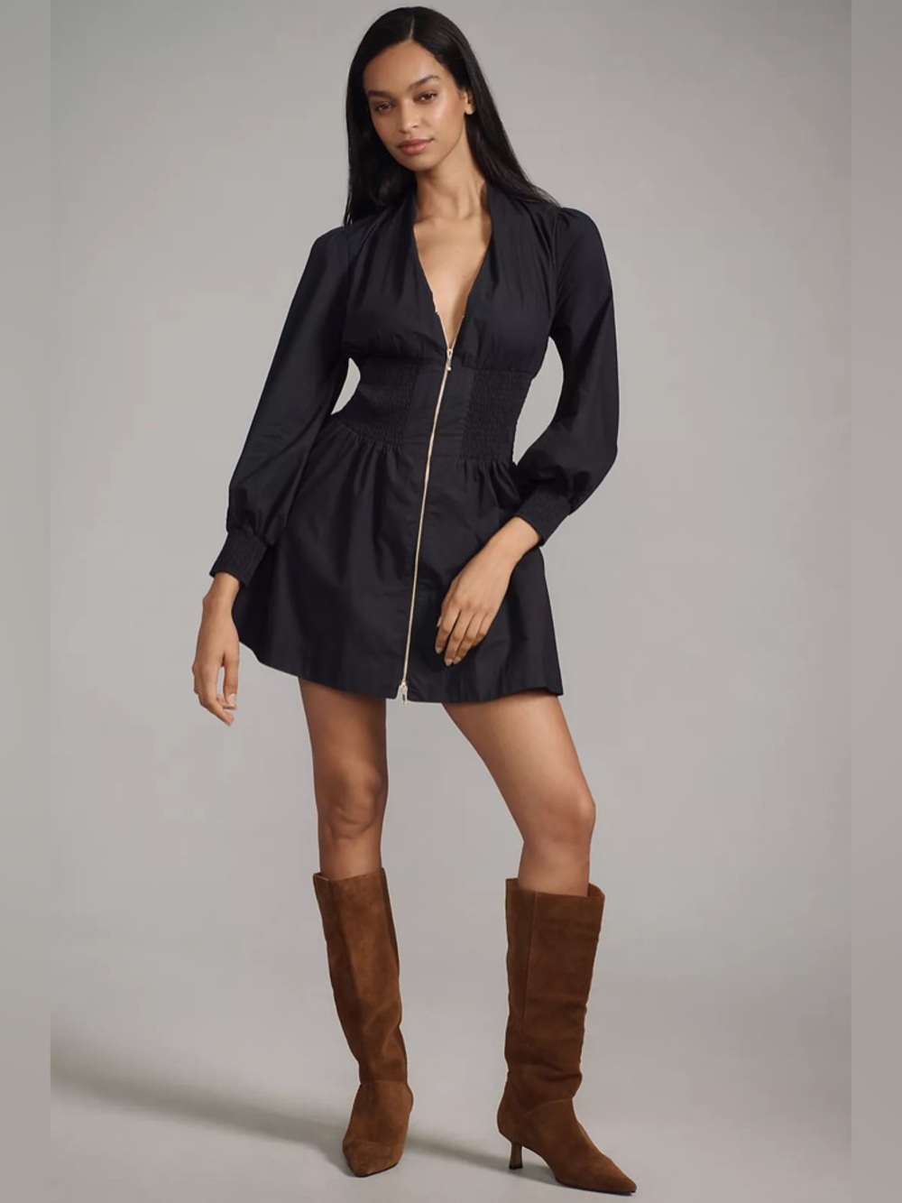 Anthropologie The Tommie Long Sleeve Smocked Front Zip Mini Shirt Dress
